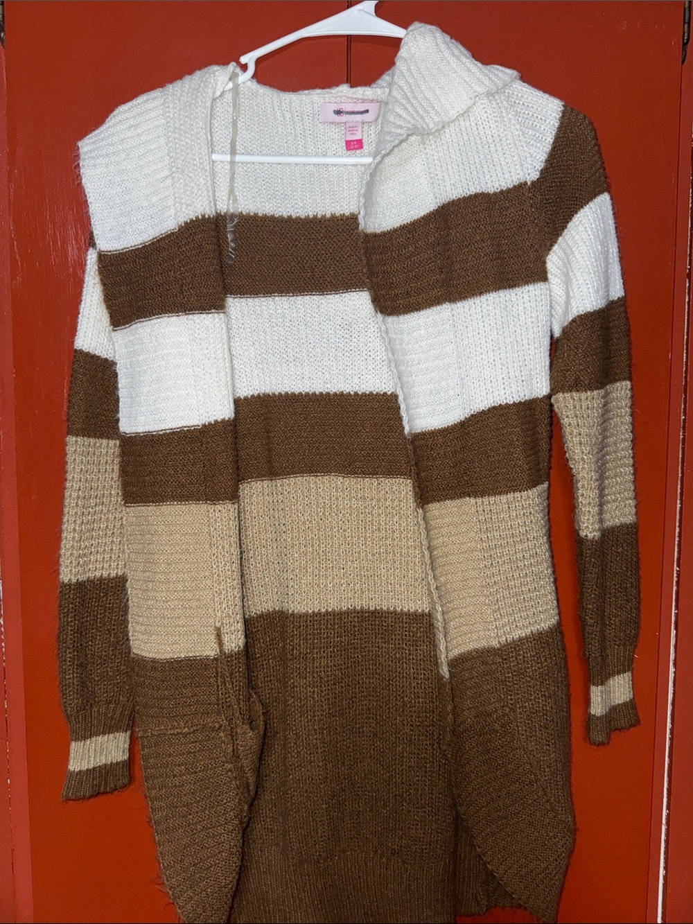 No Boundaries Striped Open-Front Cardigan - White, Brown & Tan